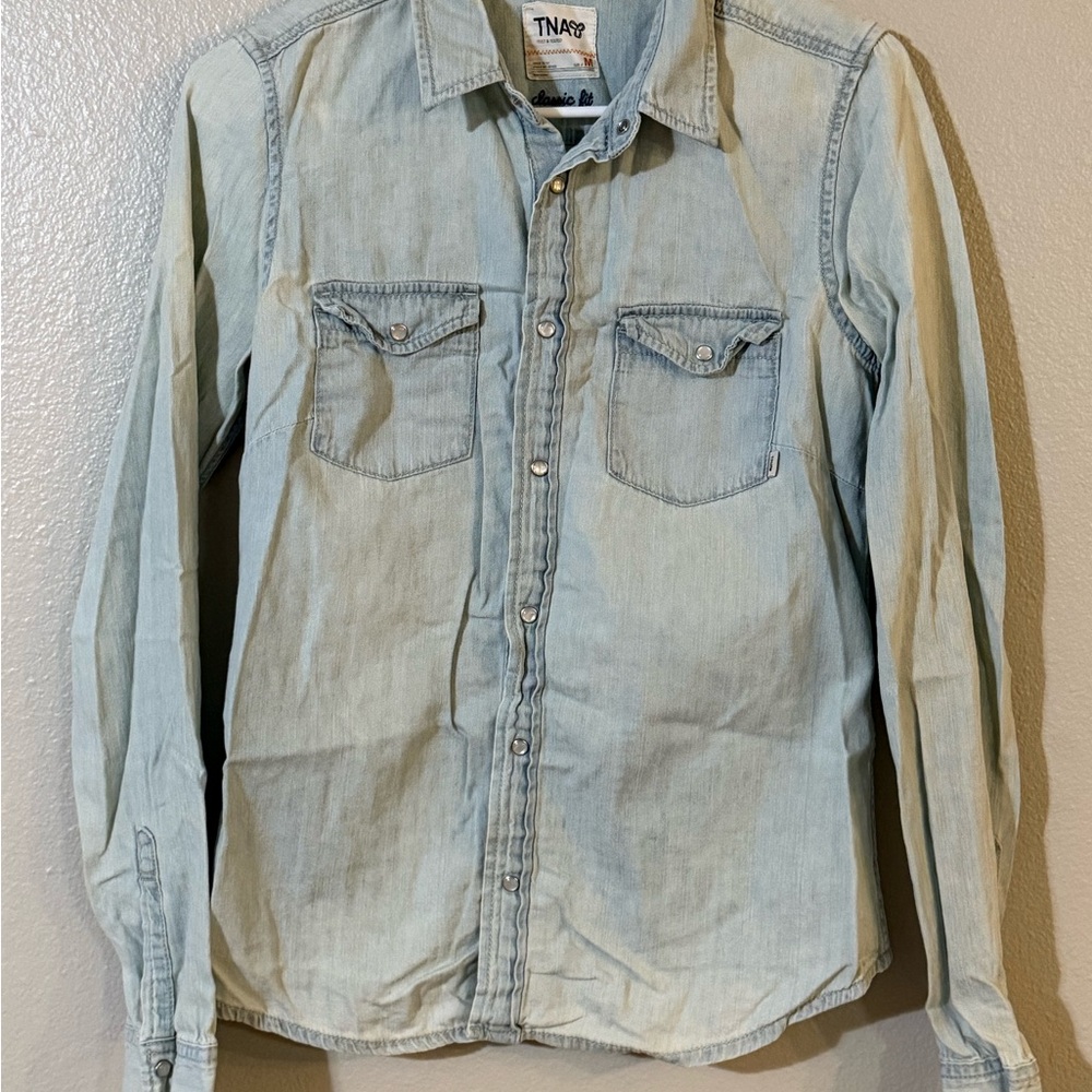 TNA Blue Long Sleeve Polo Collar Button Down Shirt